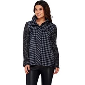 LOGO Lori Goldstein Large Blue Grey Buffalo Plaid Two Tone Knit Sleeve Shirket